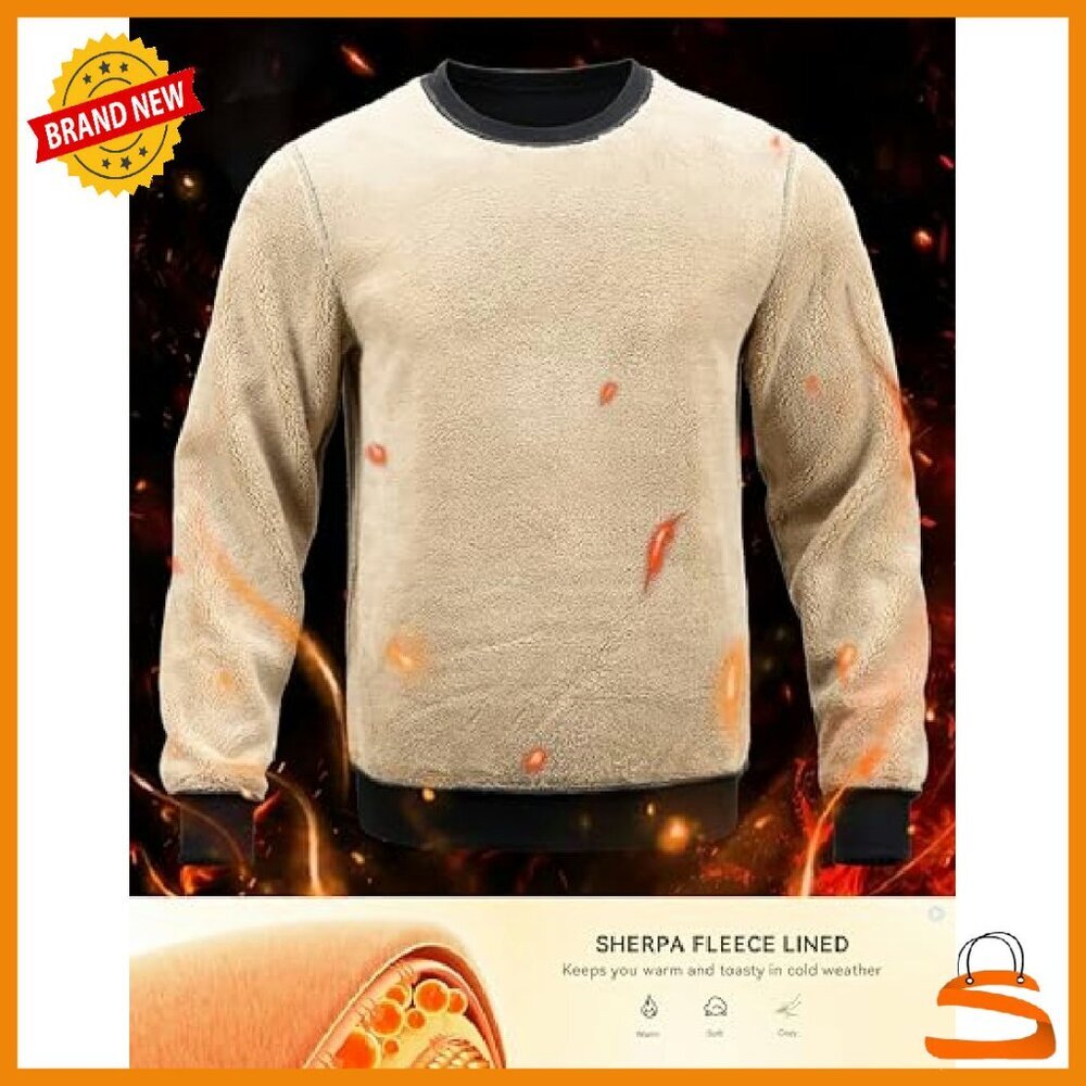 Men's Sherpa Lined Fleece Crewneck Sweatshirt Pullover Winter Warm - Picture 3 of 8